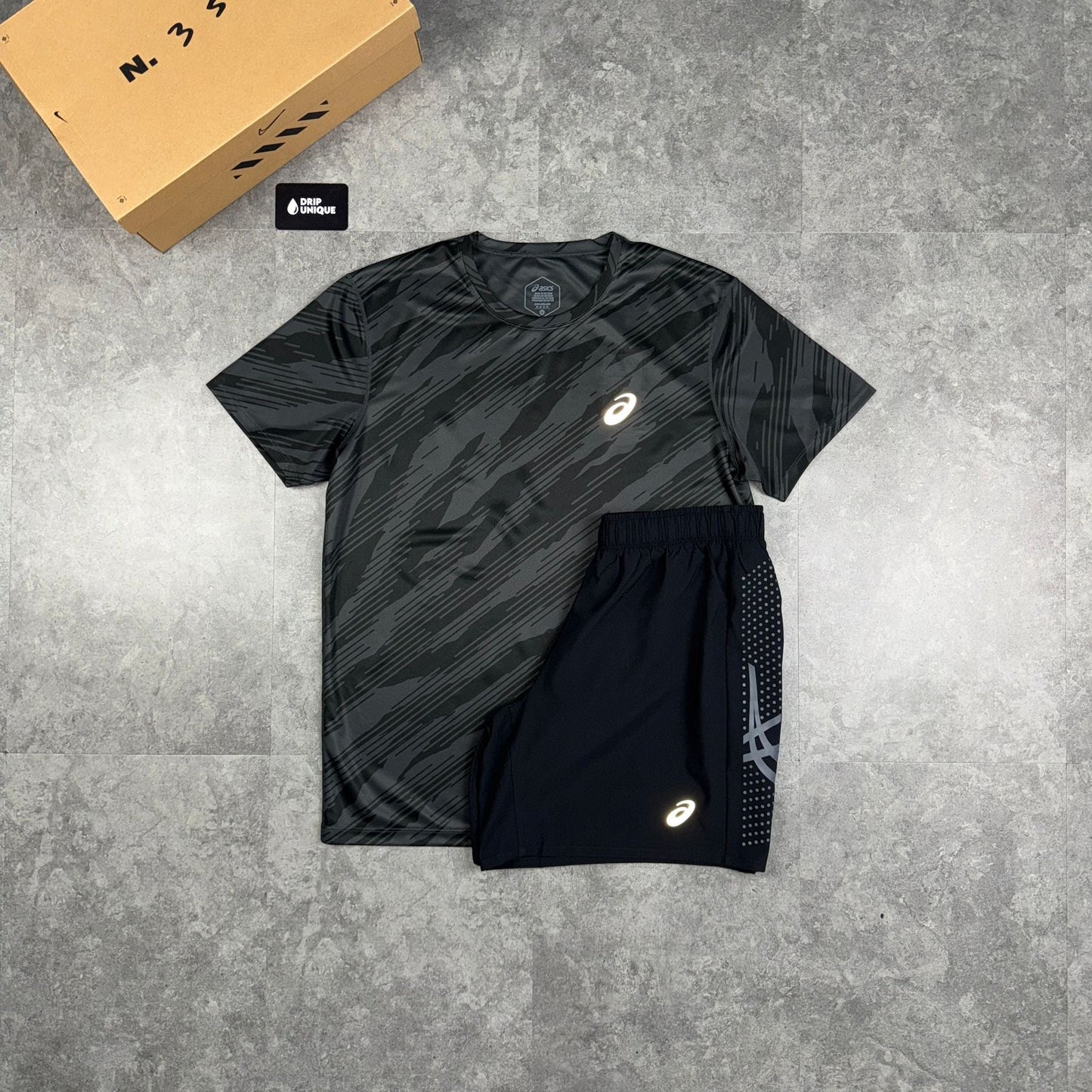 Asics Core All Over Print T-Shirt Black & Black Icon Shorts Set