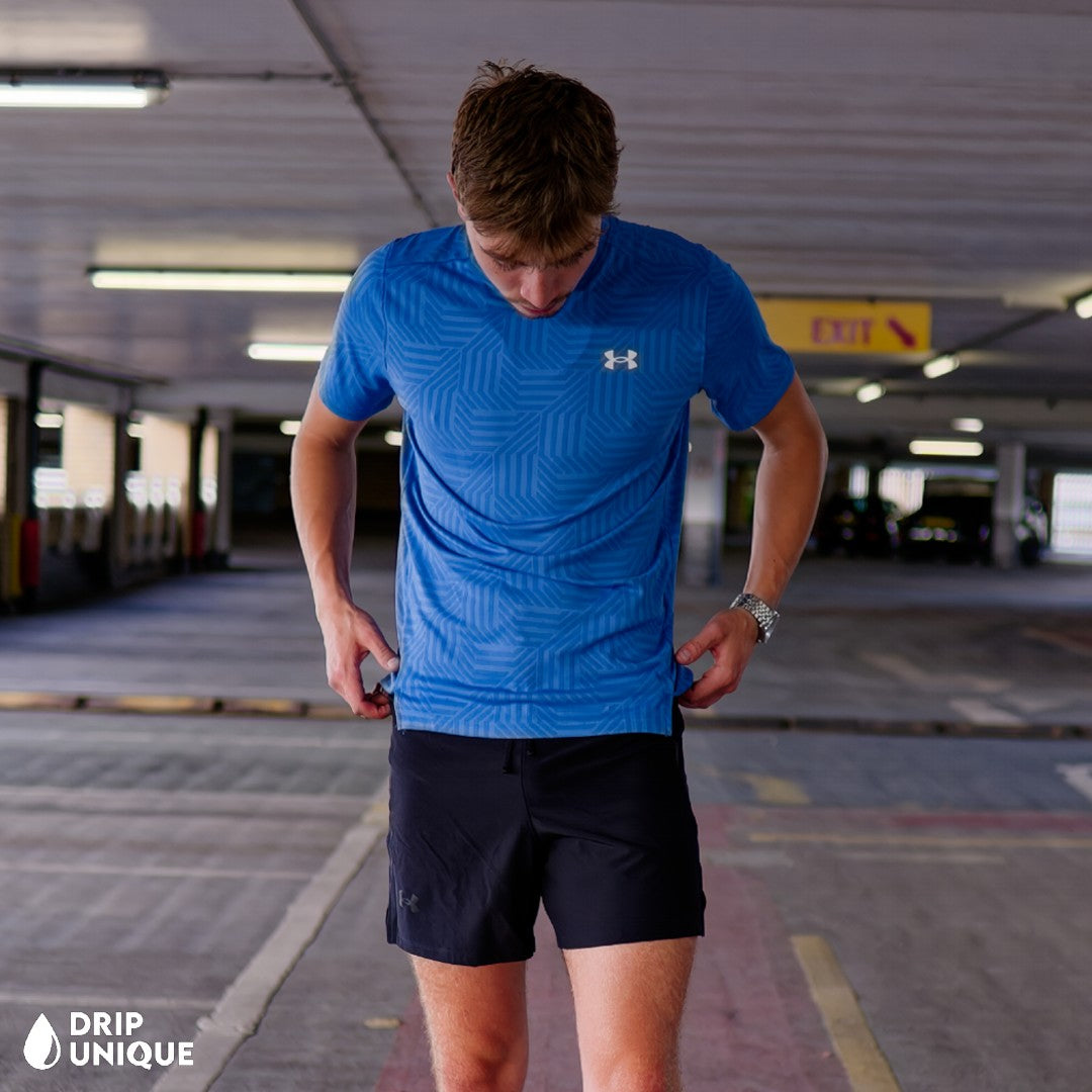 Under Armour Geo Tessa Vent T-Shirt Blue & Launch Speedpocket Shorts Set