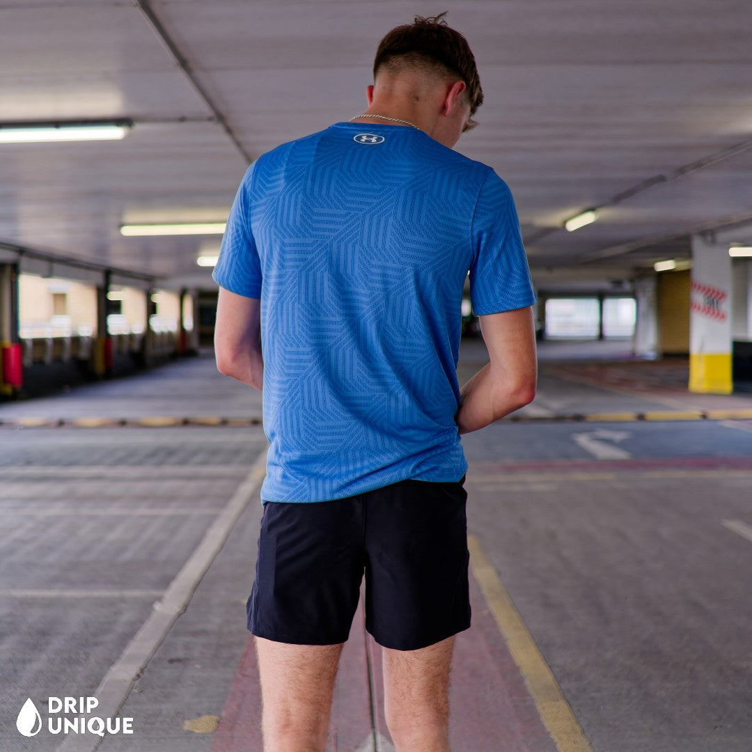 Under Armour Geo Tessa Vent T-Shirt Blue & Launch Speedpocket Shorts Set