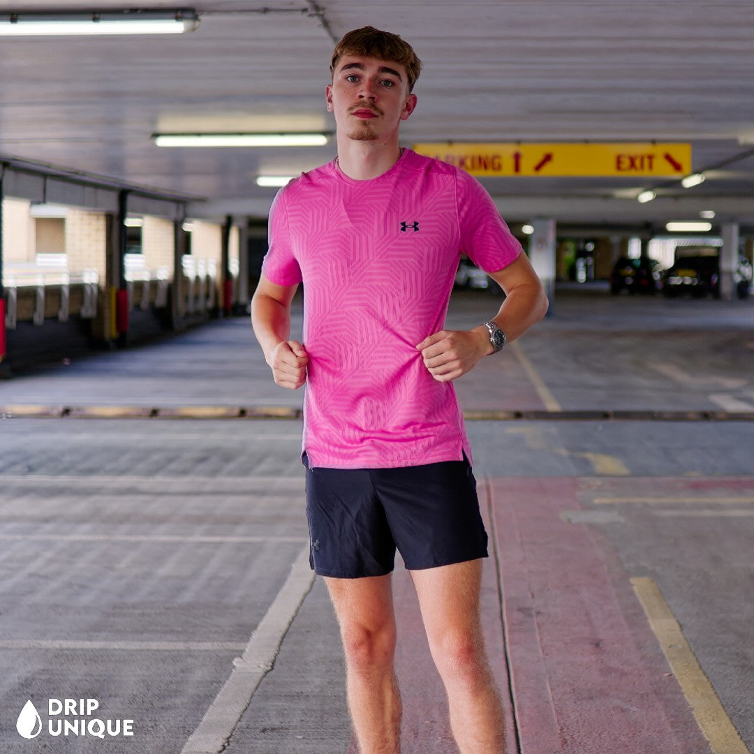Under Armour Geo Tessa Vent T-Shirt Pink & Launch Speedpocket Shorts Set