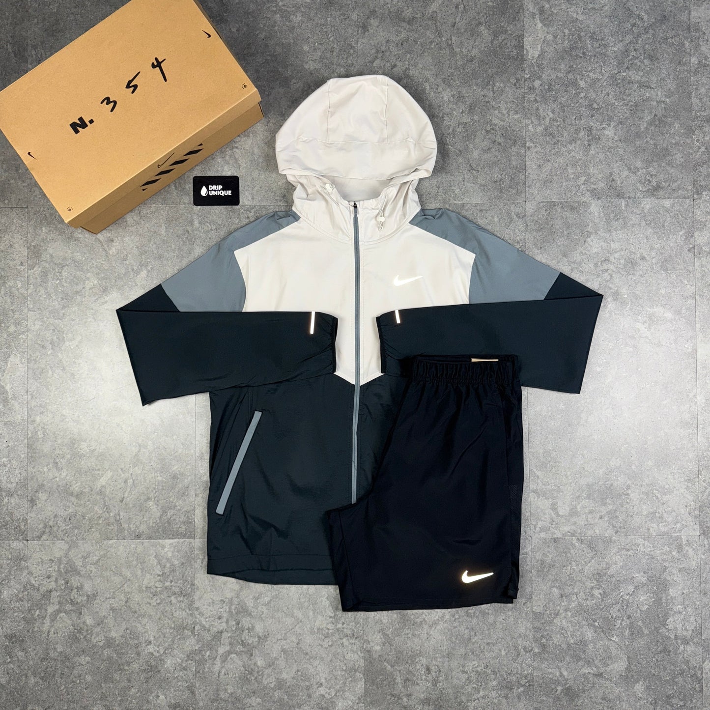 Nike UV Windrunner Jacket Light Bone & Black Challenger Shorts Set