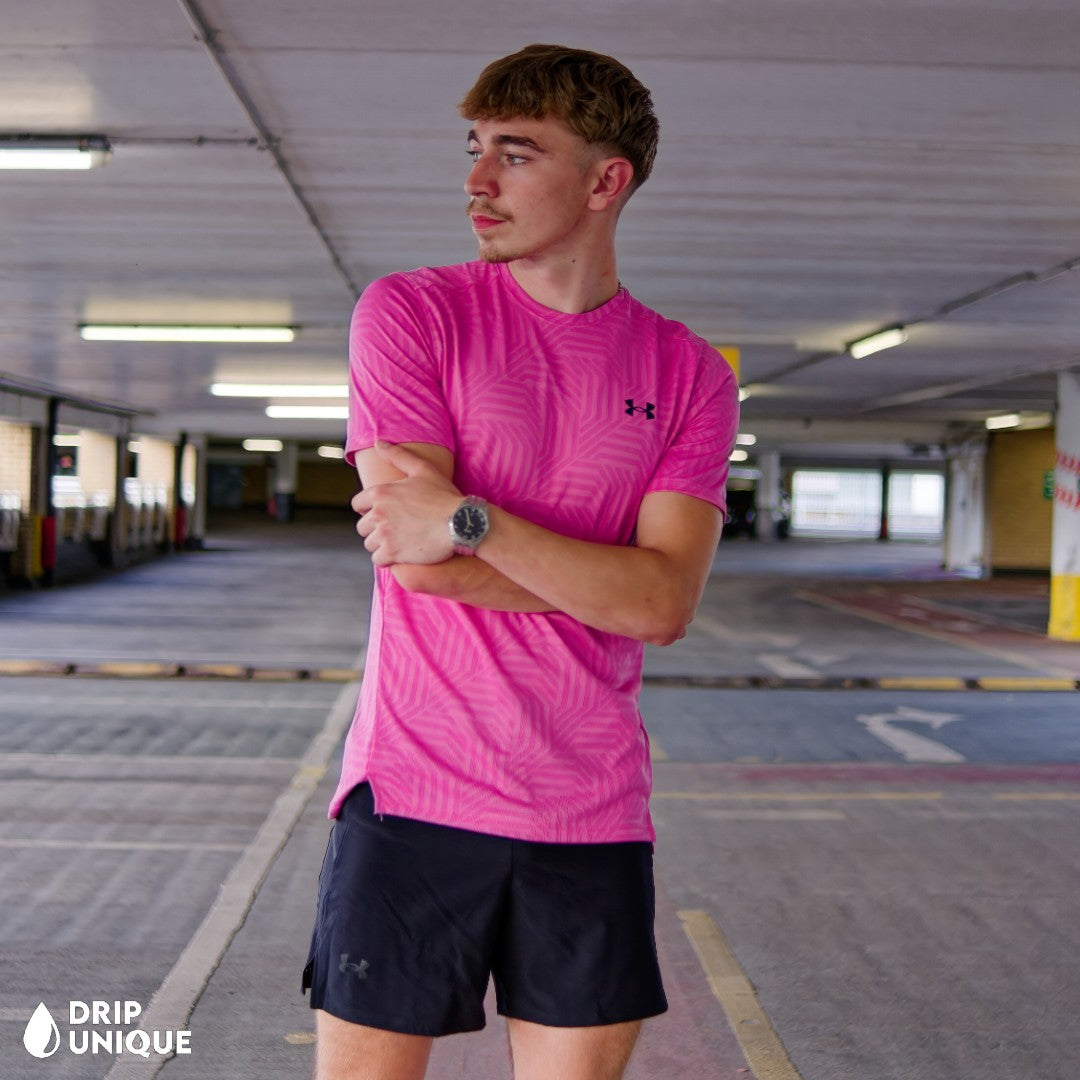 Under Armour Geo Tessa Vent T-Shirt Pink & Launch Speedpocket Shorts Set
