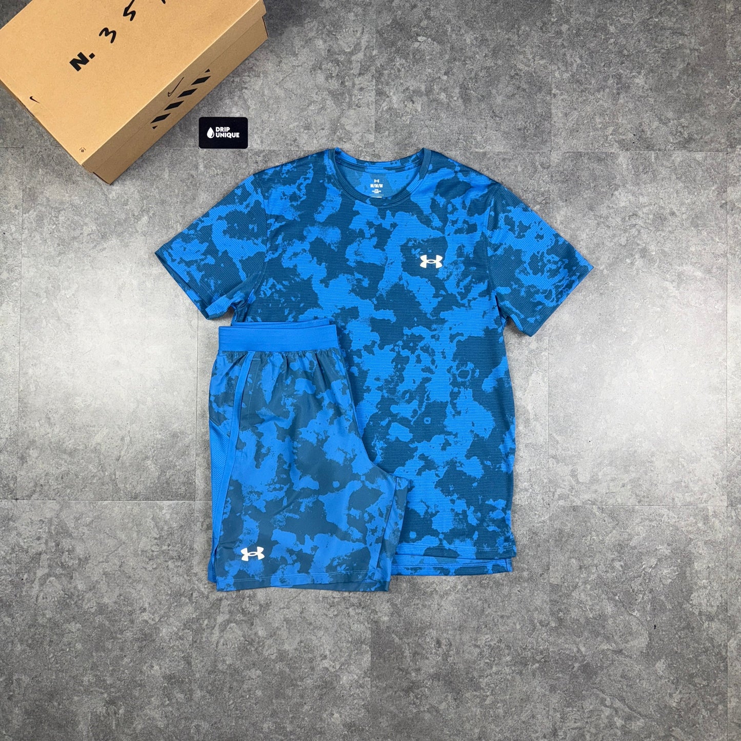 Under Armour Launch Printed T-Shirt Blue & Launch Speedpocket Shorts Set