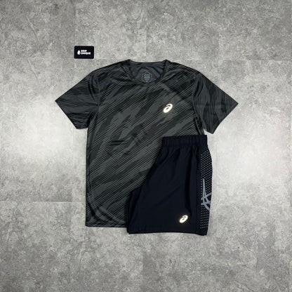 Asics Core All Over Print T-Shirt Black & Black Icon Shorts Set