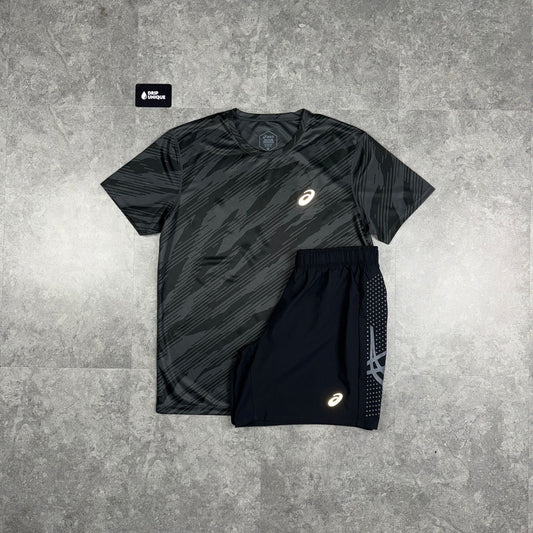 Asics Core All Over Print T-Shirt Black & Black Icon Shorts Set