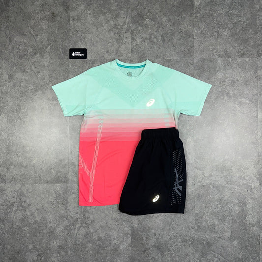 Asics Seamless Performance T-Shirt Coral & Black Icon Shorts Set