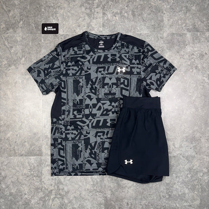 Under Armour Launch Printed T-Shirt Black & Launch Speedpocket Shorts Set