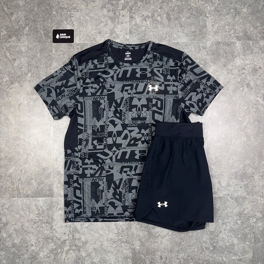 Under Armour Launch Printed T-Shirt Black & Launch Speedpocket Shorts Set
