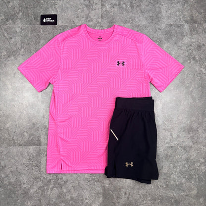 Under Armour Geo Tessa Vent T-Shirt Pink & Launch Speedpocket Shorts Set