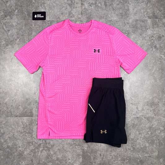 Under Armour Geo Tessa Vent T-Shirt Pink & Launch Speedpocket Shorts Set