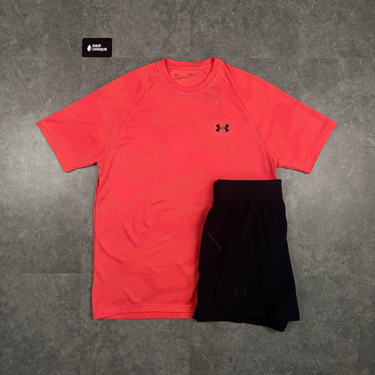 Under Armour Jacquard T-Shirt Salmon & Launch Speedpocket Shorts Set