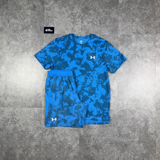 Under Armour Launch Printed T-Shirt Blue & Launch Speedpocket Shorts Set